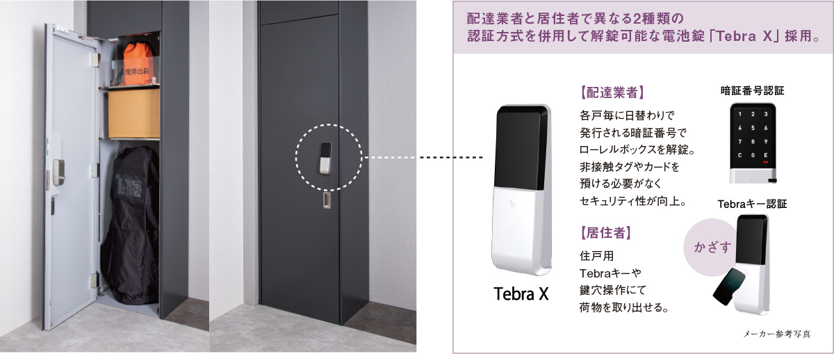 配達業者と居住者で異なる2種類の認証方式を併用して解錠可能な電池錠「Tebra X」採用。