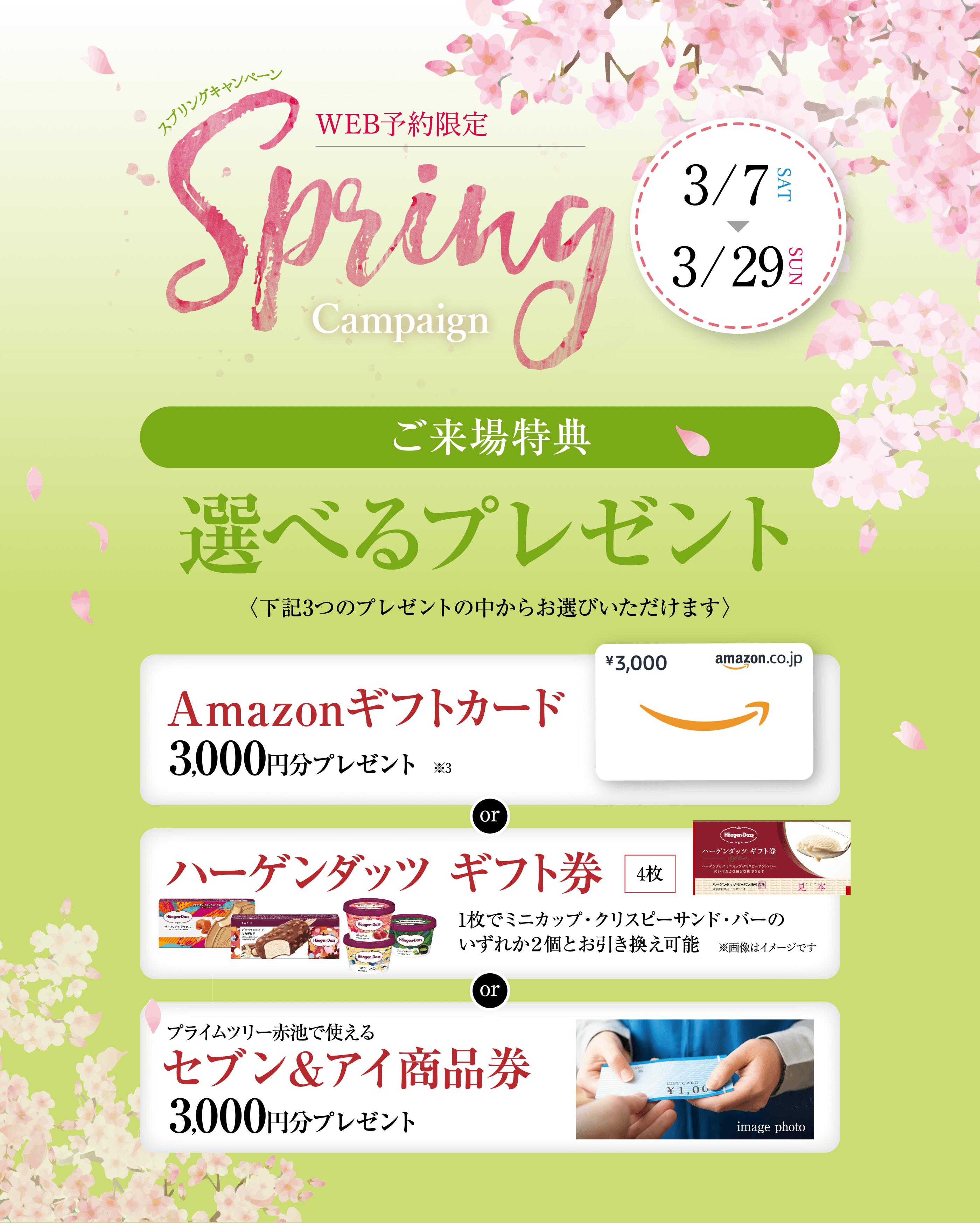 3/7から3/29まで開催のWEB予約限定スプリングキャンペーン特典。来場時に「Amazonギフトカード3,000円分」「ハーゲンダッツギフト券4枚」「セブン＆アイ商品券3,000円分」のいずれか1つをプレゼント。 Spring Campaign