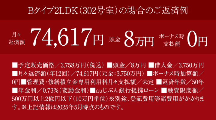 Bタイプ2LDK(302号室)の場合のご返済例/頭金8万円月々/返済額74,617円/ボーナス時支払額0円