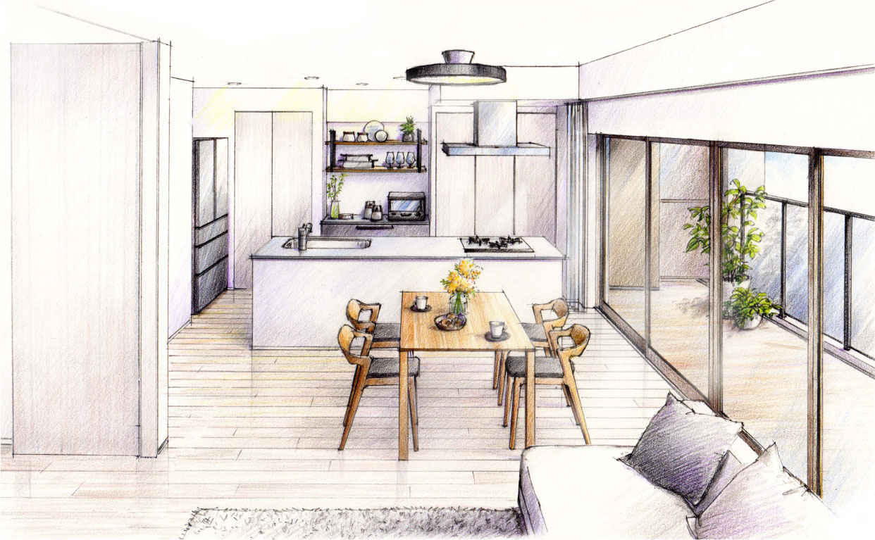 Dタイプアイランドキッチンイメージイラスト