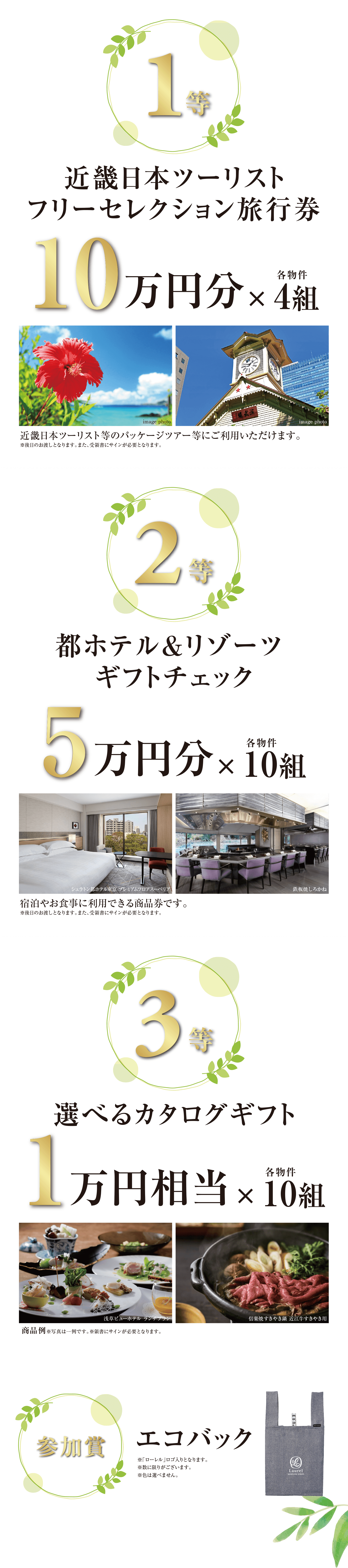 ((1等)) 近畿日本ツーリストフリーセレクション旅行券 10万円分×各物件4組／近畿日本ツーリスト等のパッケージツアー等にご利用いただけます。※後日のお渡しとなります。また、受領書にサインが必要となります。｜((2等)) 都ホテル＆リゾーツ ギフトチェック 5万円分×各物件10組／宿泊やお食事に利用できる商品券です。※後日のお渡しとなります。また、受領書にサインが必要となります。｜((3等)) 選べるカタログギフト 1万円相当×各物件10組／※受領書にサインが必要となります。｜((参加賞)) エコバック／※「ローレル」ロゴ入りとなります。※数に限りがございます。※色は選べません。