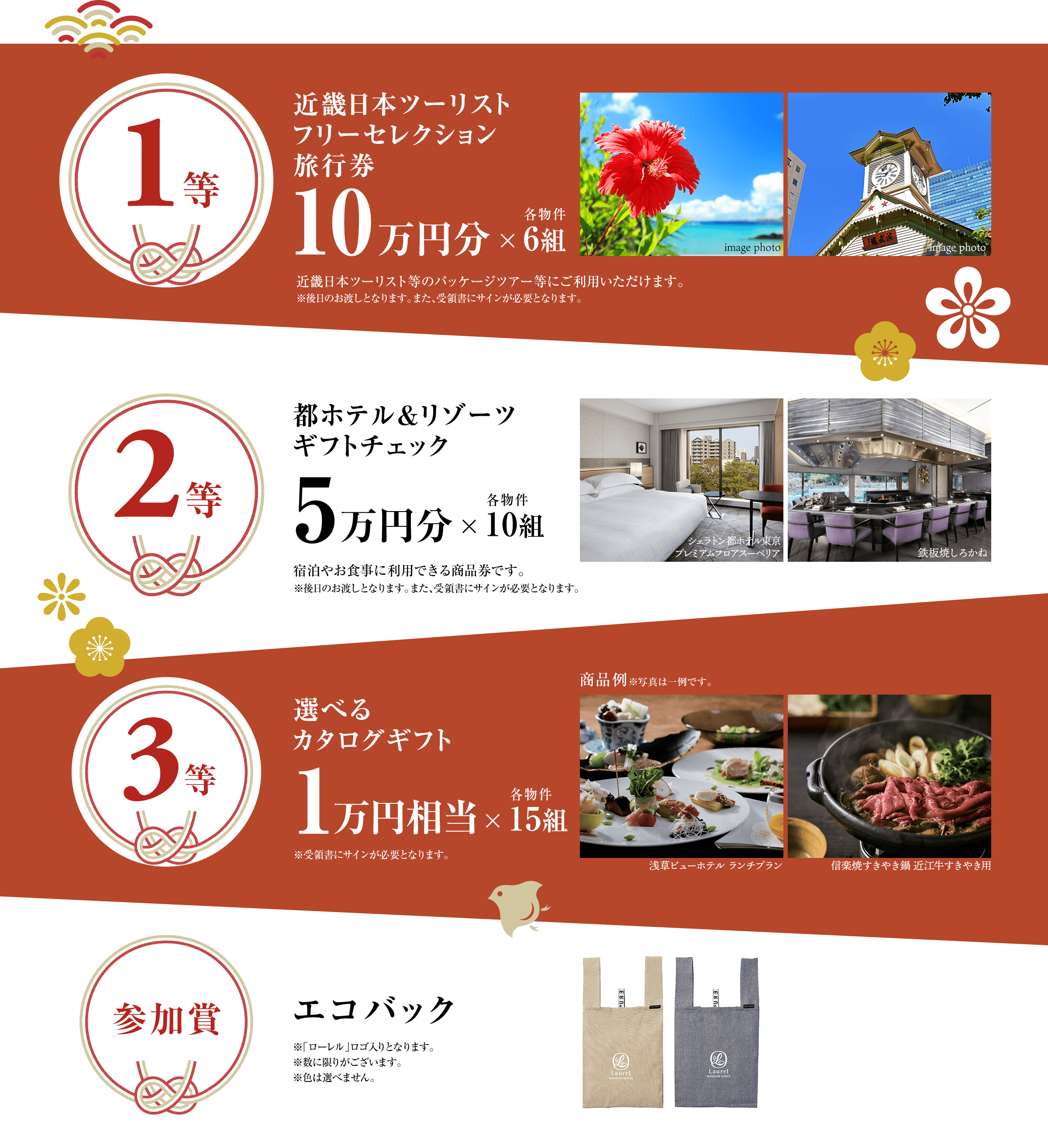 ((1等)) 近畿日本ツーリストフリーセレクション旅行券 10万円分×各物件6組／近畿日本ツーリスト等のパッケージツアー等にご利用いただけます。※後日のお渡しとなります。また、受領書にサインが必要となります。｜((2等)) 都ホテル＆リゾーツ ギフトチェック 5万円分×各物件10組／宿泊やお食事に利用できる商品券です。※後日のお渡しとなります。また、受領書にサインが必要となります。｜((3等)) 選べるカタログギフト 1万円分×各物件15組／※受領書にサインが必要となります。｜((参加賞)) エコバック／※「ローレル」ロゴ入りとなります。※数に限りがございます。※色は選べません。