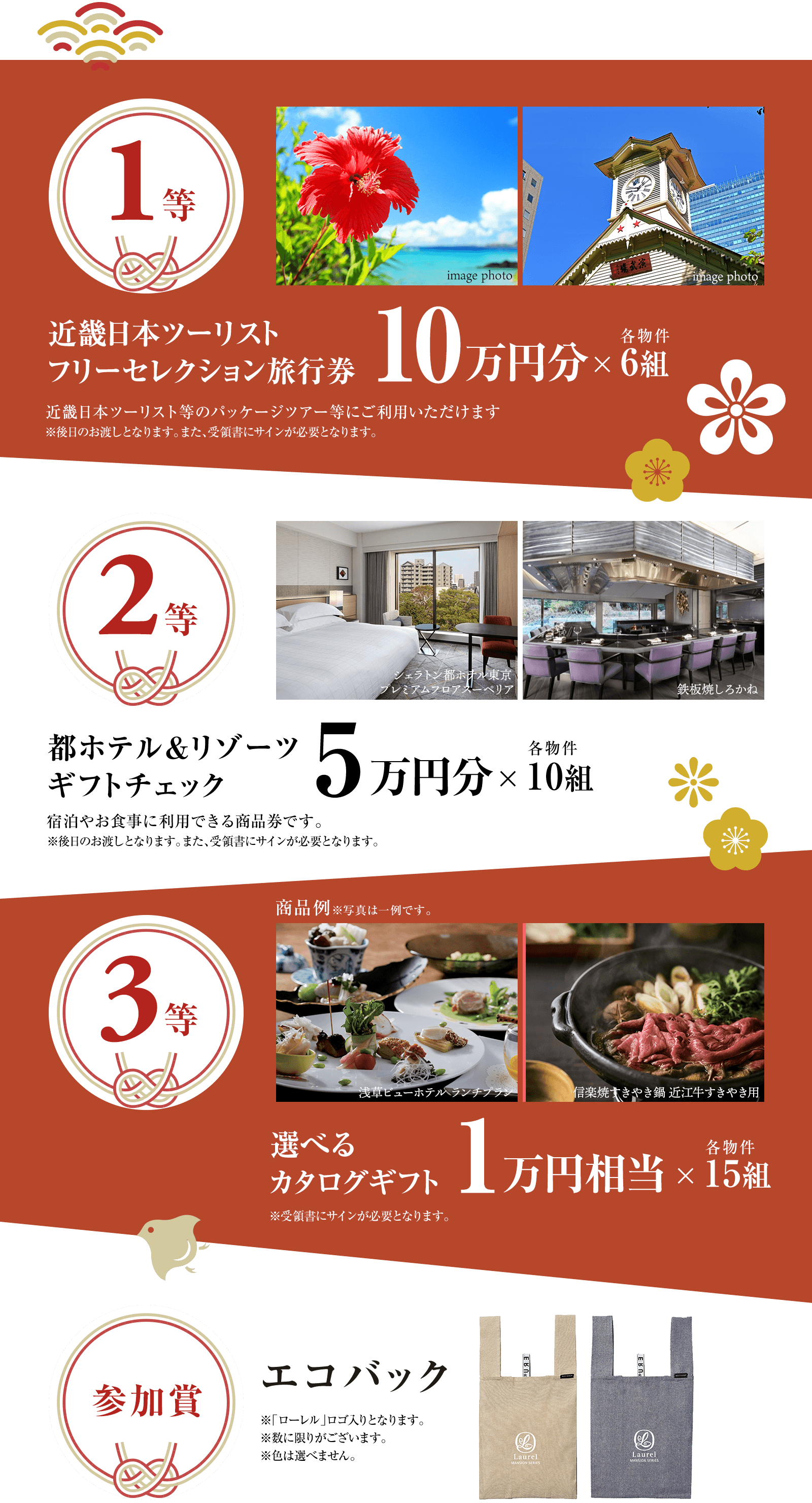 ((1等)) 近畿日本ツーリストフリーセレクション旅行券 10万円分×各物件6組／近畿日本ツーリスト等のパッケージツアー等にご利用いただけます。※後日のお渡しとなります。また、受領書にサインが必要となります。｜((2等)) 都ホテル＆リゾーツ ギフトチェック 5万円分×各物件10組／宿泊やお食事に利用できる商品券です。※後日のお渡しとなります。また、受領書にサインが必要となります。｜((3等)) 選べるカタログギフト 1万円分×各物件15組／※受領書にサインが必要となります。｜((参加賞)) エコバック／※「ローレル」ロゴ入りとなります。※数に限りがございます。※色は選べません。