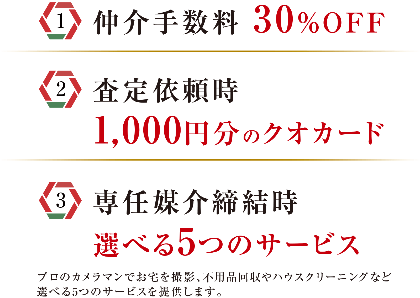 〔1〕仲介手数料 30％OFF｜〔2〕査定依頼時 1,000円分のクオカード｜〔3〕専任媒介締結時 選べる5つのサービス　プロのカメラマンでお宅を撮影、不用品回収やハウスクリーニングなど選べる5つのサービスを提供します。