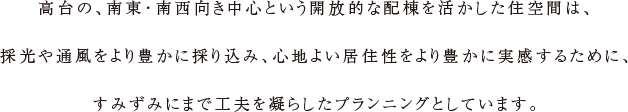 上部に庇を設け、門柱のようなデザイン壁による演出で一体的な「構え」を描いた大型玄関。その内に広がるのは、開放感への繊細な工夫を施した、二重床・二重天井の機能的な邸宅空間です。