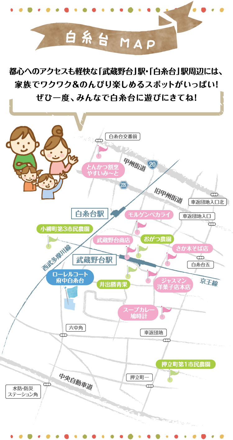 白糸台MAP 都心へのアクセスも軽快な「武蔵野台」駅・「白糸台」駅周辺には、家族でワクワク＆のんびり楽しめるスポットがいっぱい！ぜひ一度、みんなで白糸台に遊びにきてね！